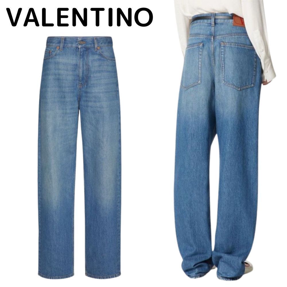 【VALENTINO】色あせ ワイドレッグ コットン デニムジーンズ