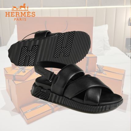 HERMES More Sandals Street Style Plain Leather Logo Sandals