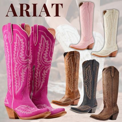 Ariat Mid Heel Cowboy Boots Casual Style Suede Street Style Leather