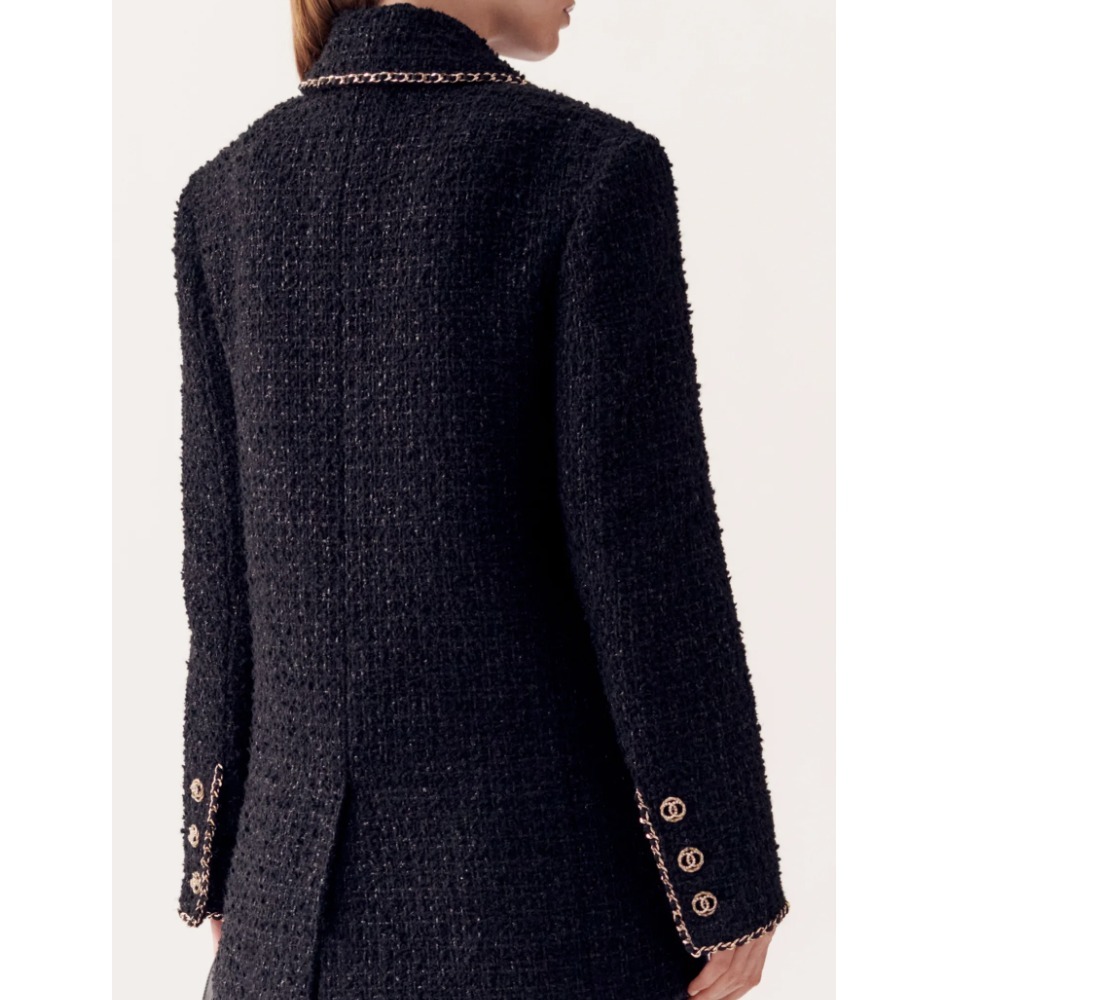CHANEL ミディ コート チェーン cc ロゴ 黒 ツイード シングル