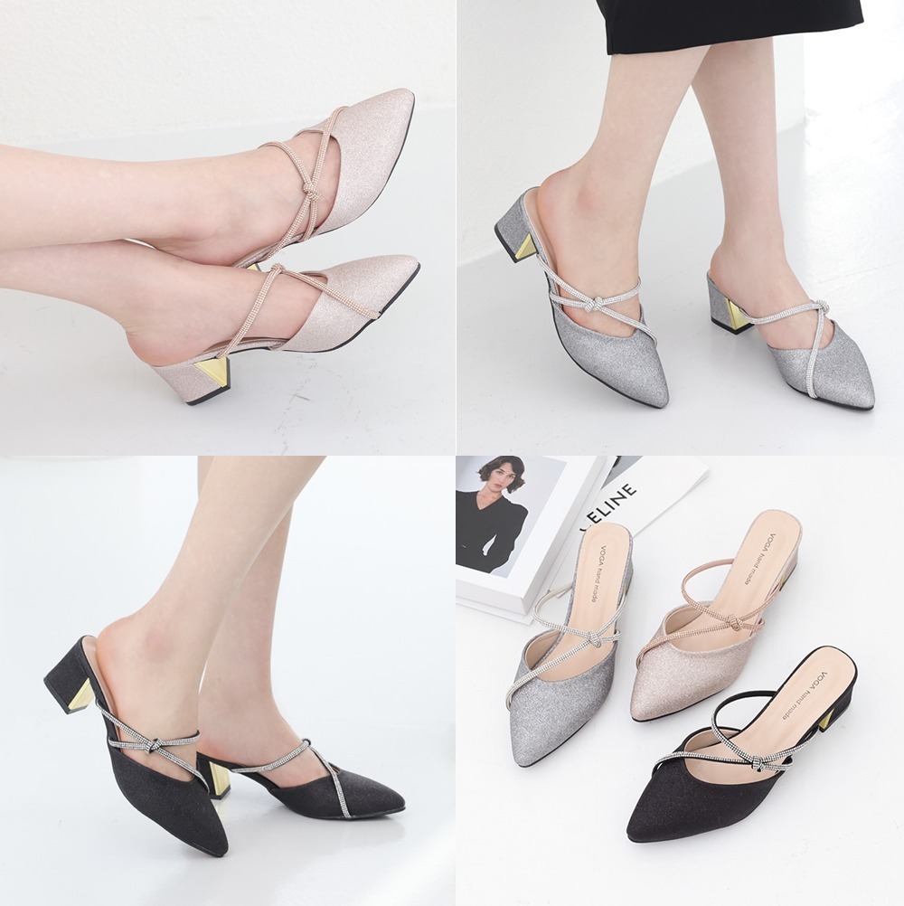 サンダル・ミュール Bling bling cubic strap venice mule heel (5 cm, 3 COLOR)