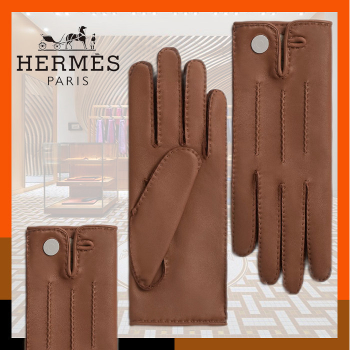 HERMES お洒落グローブ 手袋レザー シルク裏地 Nervures Droites