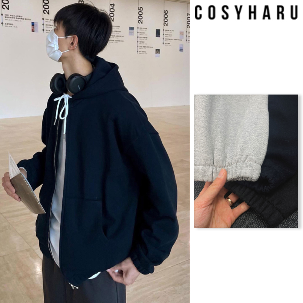 【COSYHARU】Dark navy & white string hood zip-up