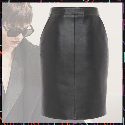 Saint Laurent Midi Pencil Skirts Casual Style Plain Leather Medium Office Style