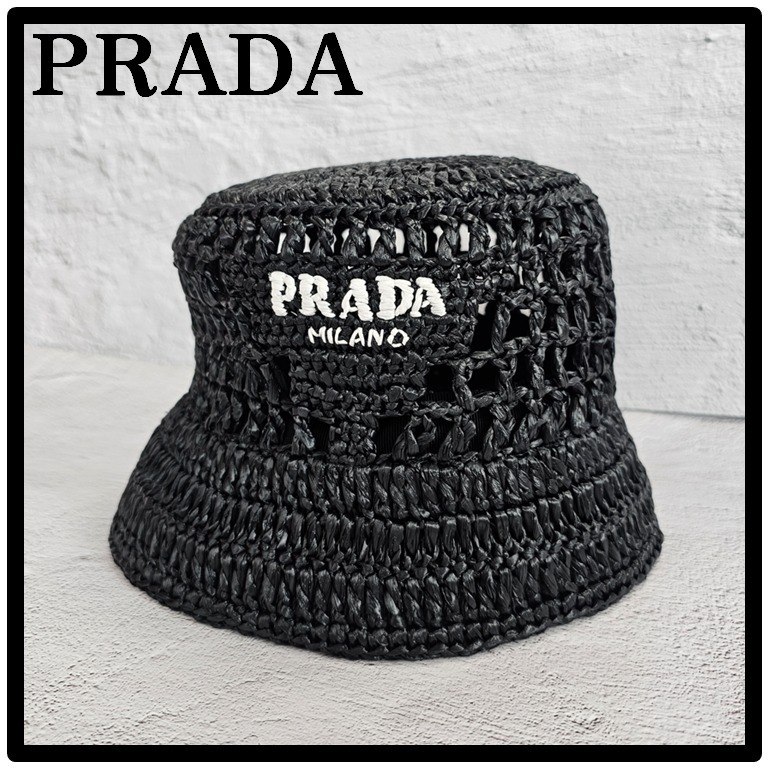★関税込★PRADA★ラフィア バケットハット ブラック 帽子★