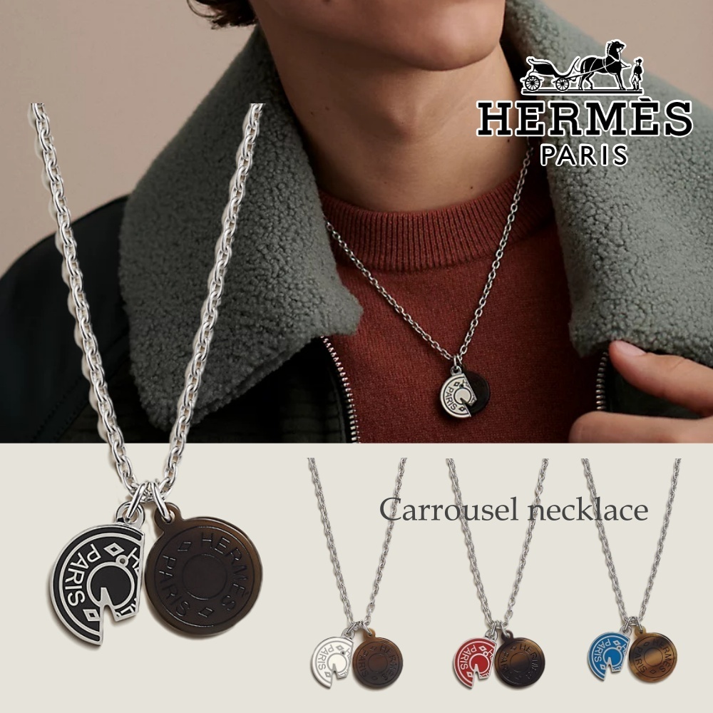 全4色★Hermes★メンズに人気天然素材のCarrouselロゴネックレス