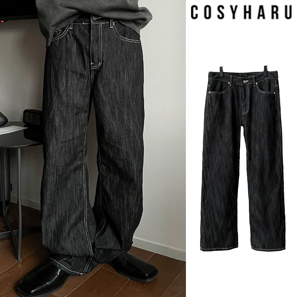【COSYHARU】Slab Detail Semi-Wide Denim Matte Black