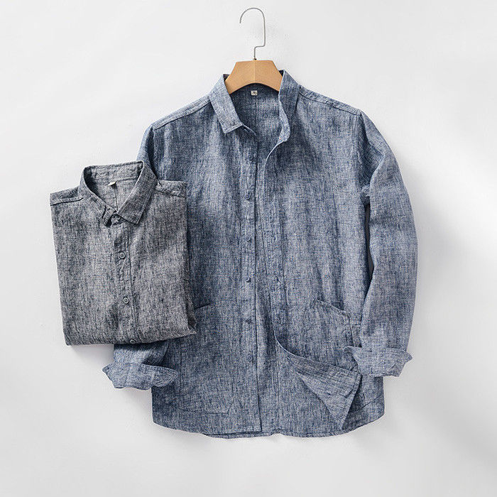 シャツ 綿麻 長袖シャツ 2色 S-2XLsize 無地 リネン 23zm179