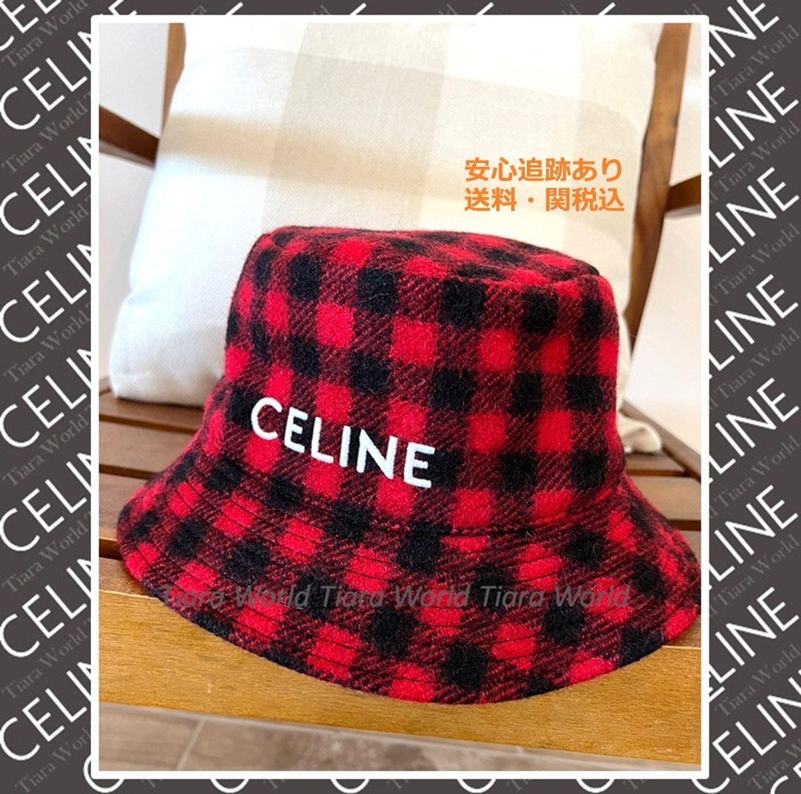 ロゴ刺繍◆CELINE チェック ウール バケットハット ROUGE/NOIR