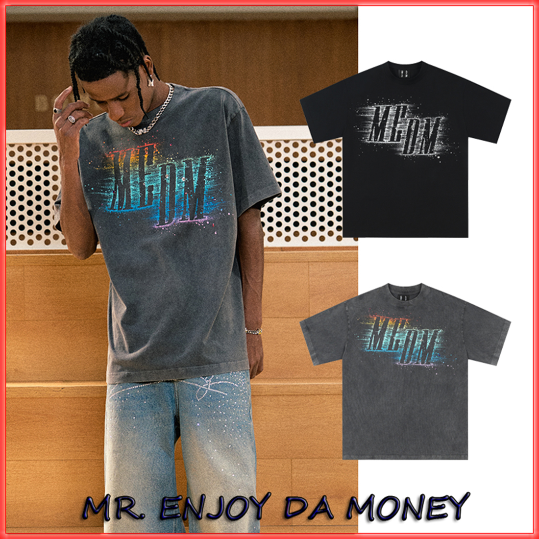 MR. ENJOY DA MONEY レトロ 半袖 Tシャツ クルーネック 男女兼用