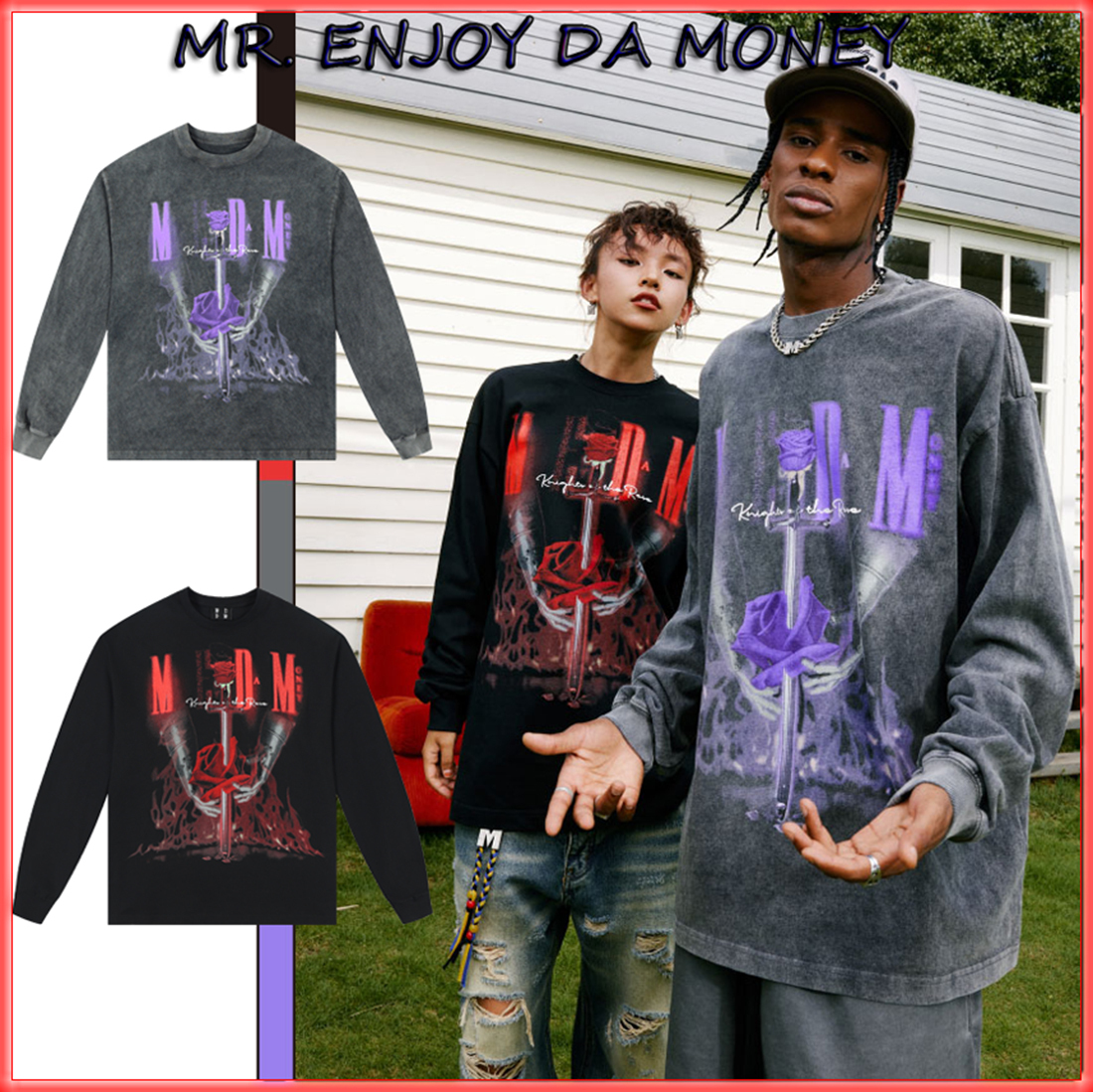 MR. ENJOY DA MONEY 長袖 Tシャツ 花柄 剣柄 新作 ユニセックス