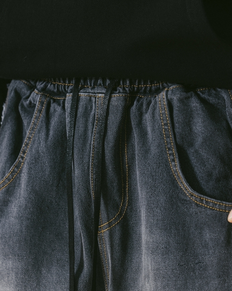 【ANGLAN】Side Cutting Wide Denim Pants Vintage Side Cut Line Denim Pants - Blue Denim - ANGLAN