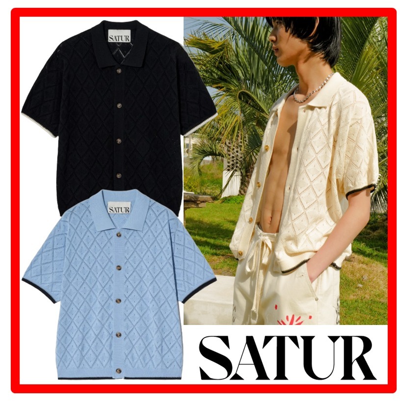 ★人気★【SATUR】★Fes Cable Collar Half Knit Shirt.s★