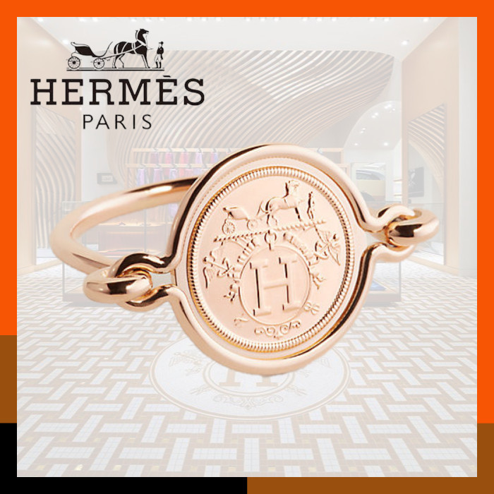 HERMES 稀少 お洒落リング 指輪 ピンクゴールド Hロゴ Ex-Libris