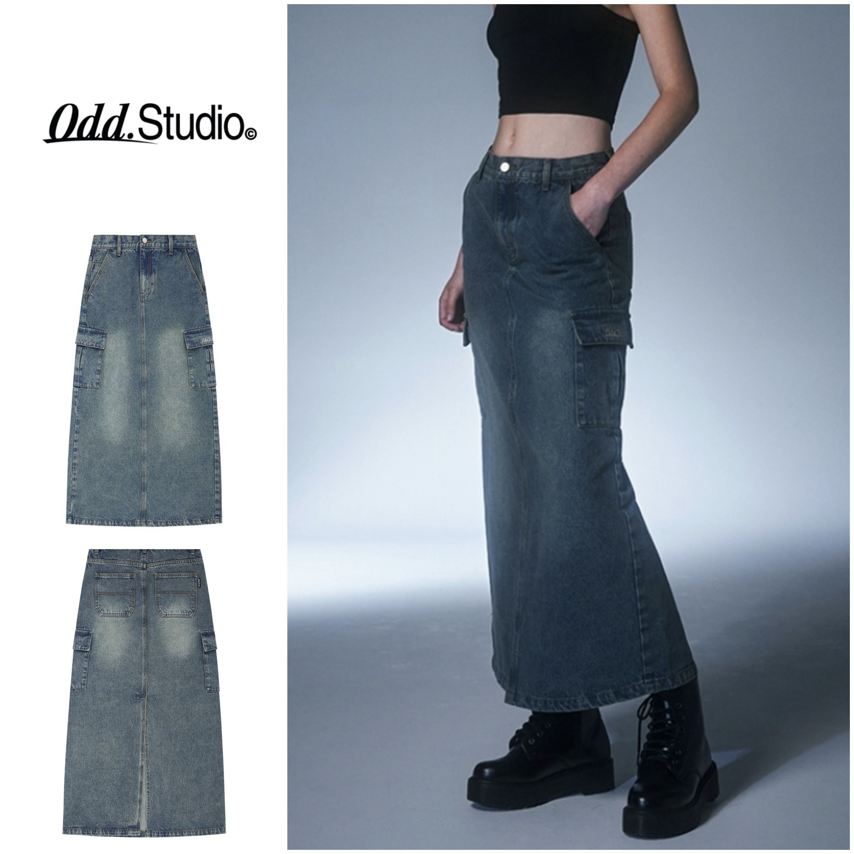 ODD STUDIO◆Sand Washing Cargo Denim Long Skirt