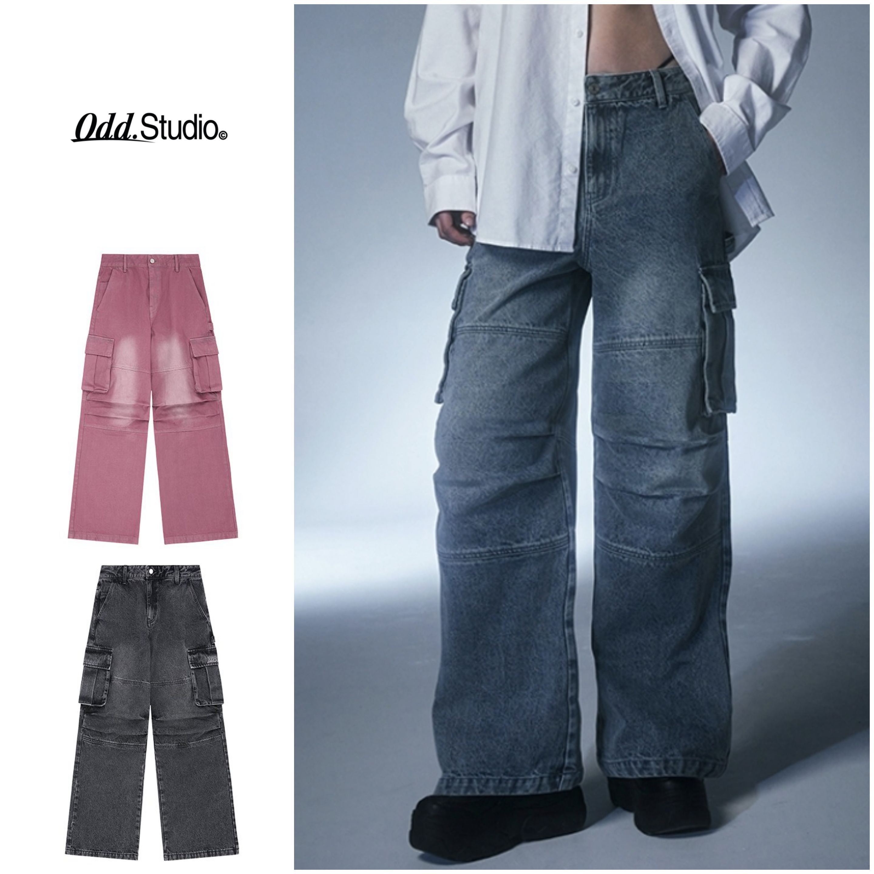 ODD STUDIO◆Salt Washing Cargo Wide Denim Parachute Pants