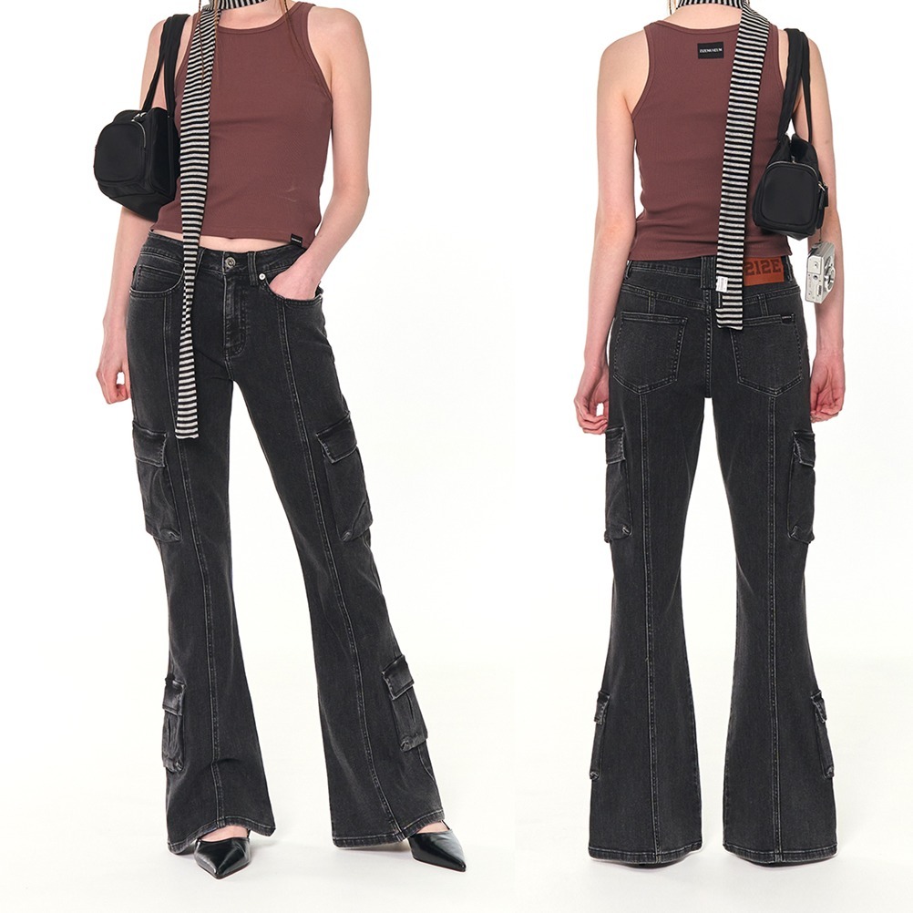 デニム・ジーパン [ ZIZEMUSEUM] CARGO BOOTS CUT DENIM PANTS (BLACK)