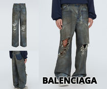 BALENCIAGA Unisex Street Style Plain Cotton Wide Leg Distressed Jeans