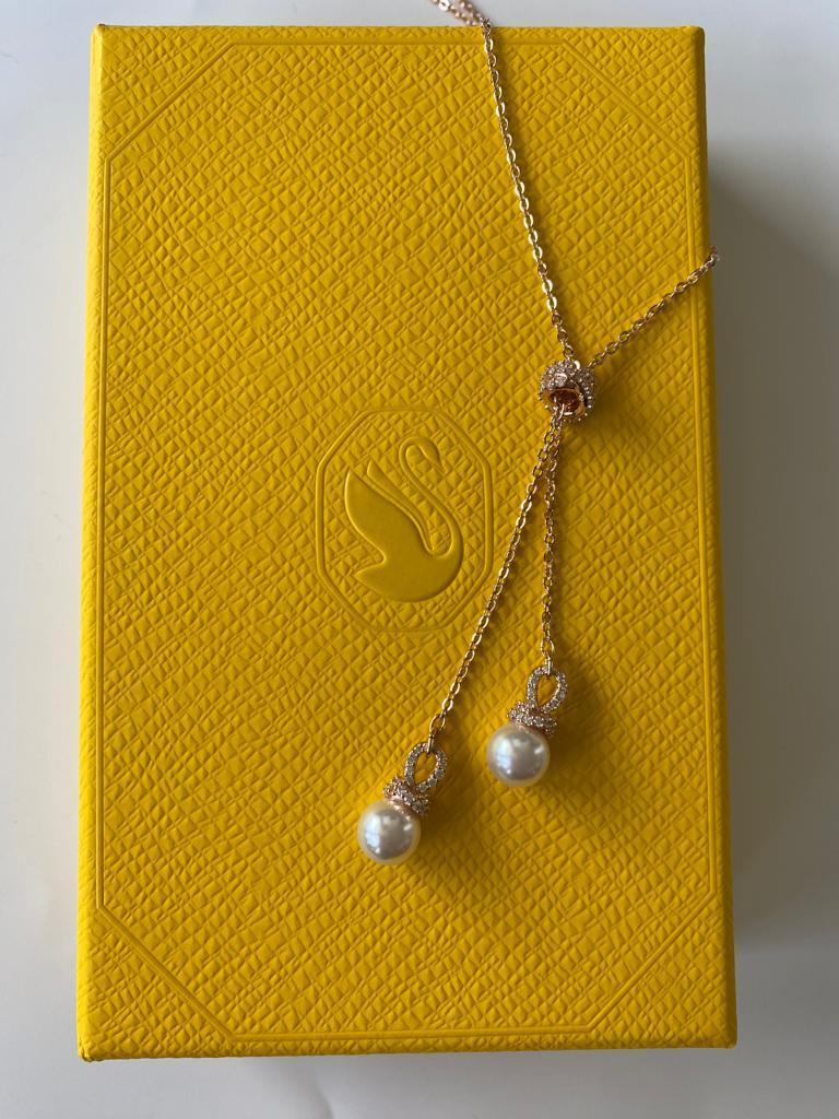 Originally Y pendant, Crystal pearl, White, Rose gold-tone