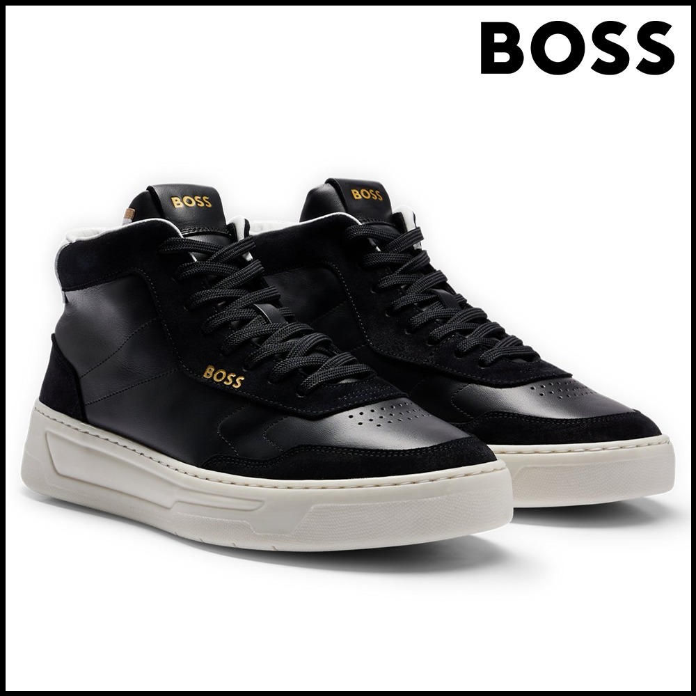 BOSS ミッドトップスニーカー レザー/スエード, ブラック
