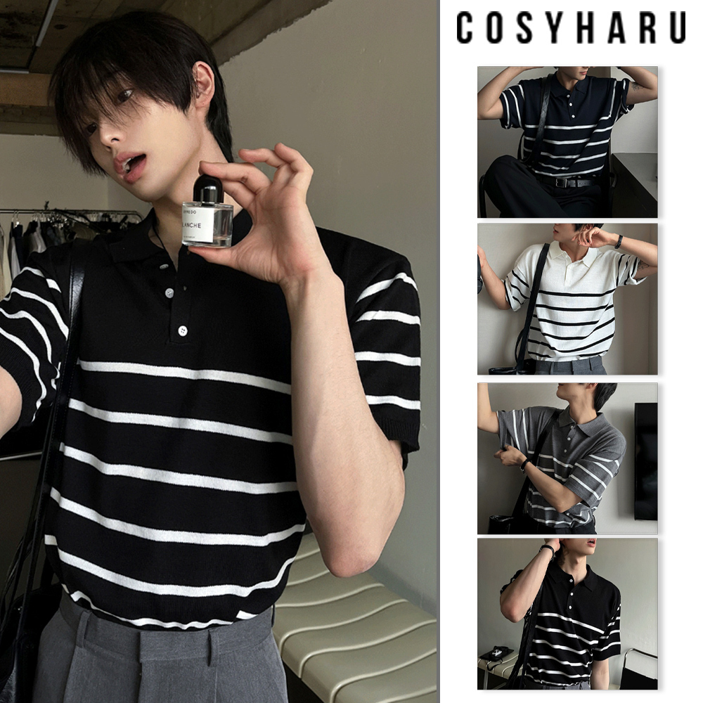【COSYHARU】V-in stripe button collar short sleeve knit