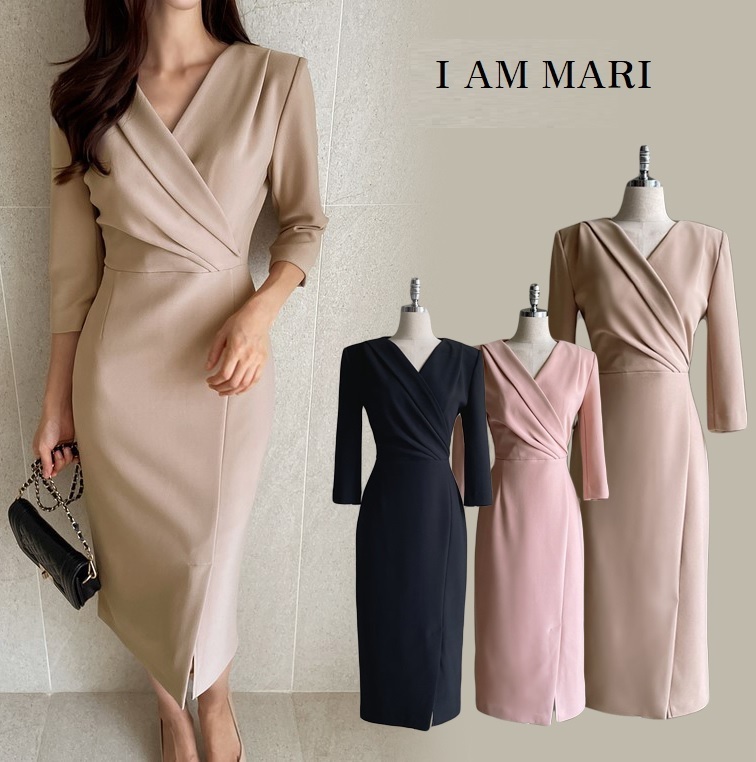 【I AM MARI】カシュクール襟 スリット Hライン ワンピース◆