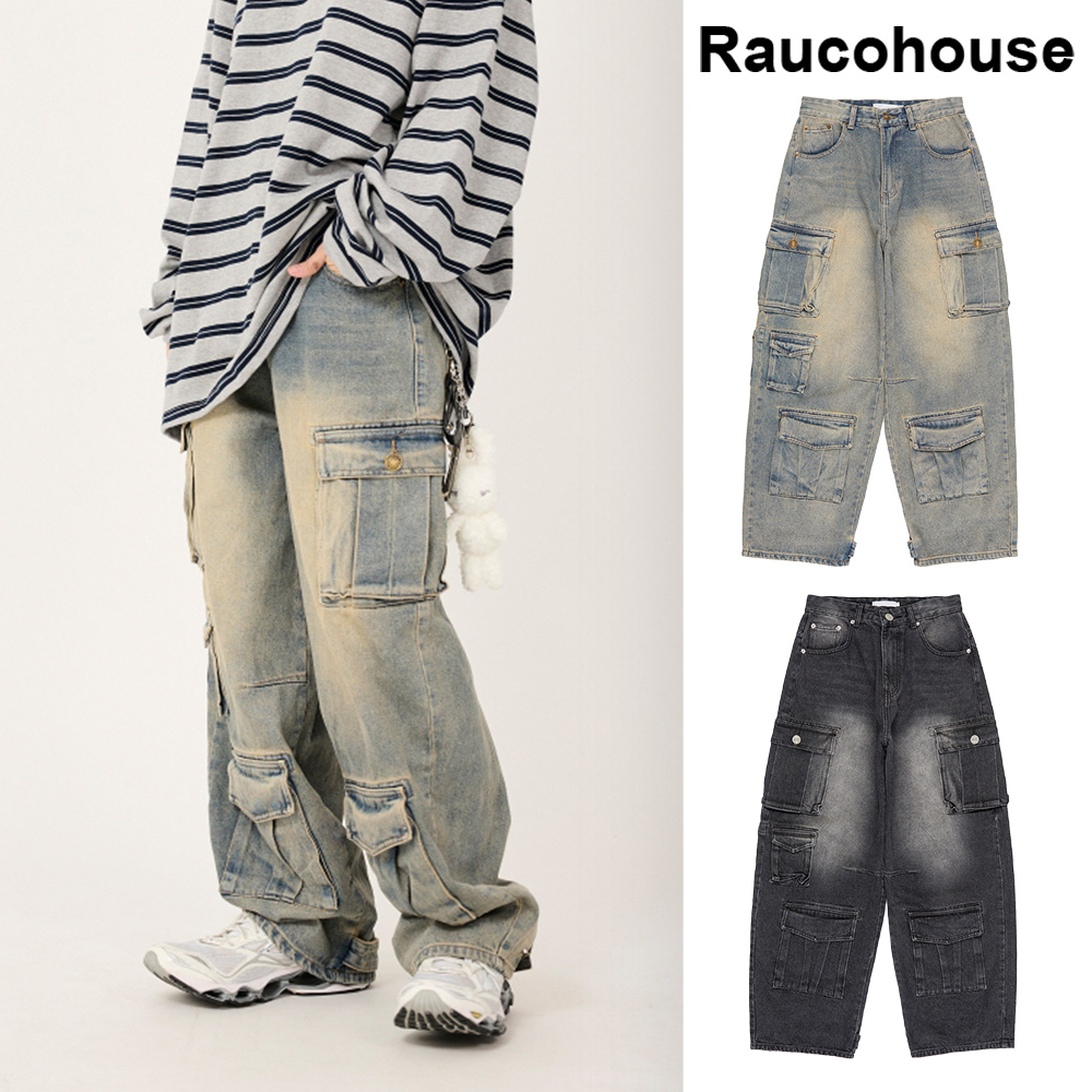 【Raucohouse】Multi cargo hem snap button heavy denim pants