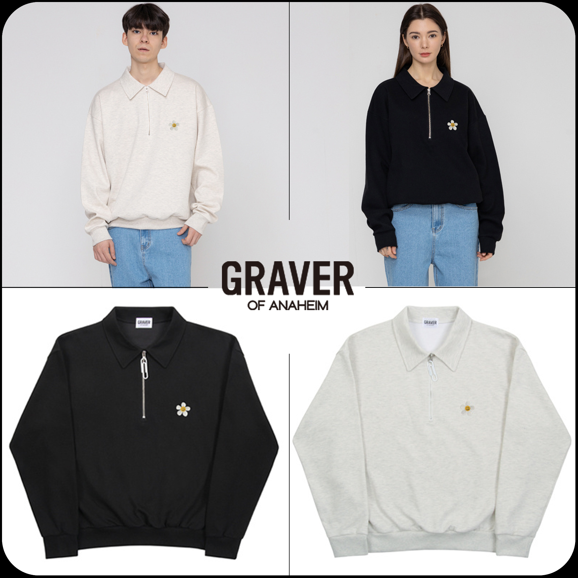 [GRAVER]★FLOWER EMBROIDERY HALF ZIP-UP COLLAR SWEATSHIRT