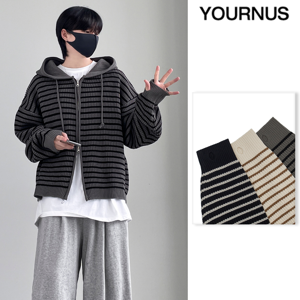 【YOURNUS】Tibber Stripe Knit Hood Zip-up