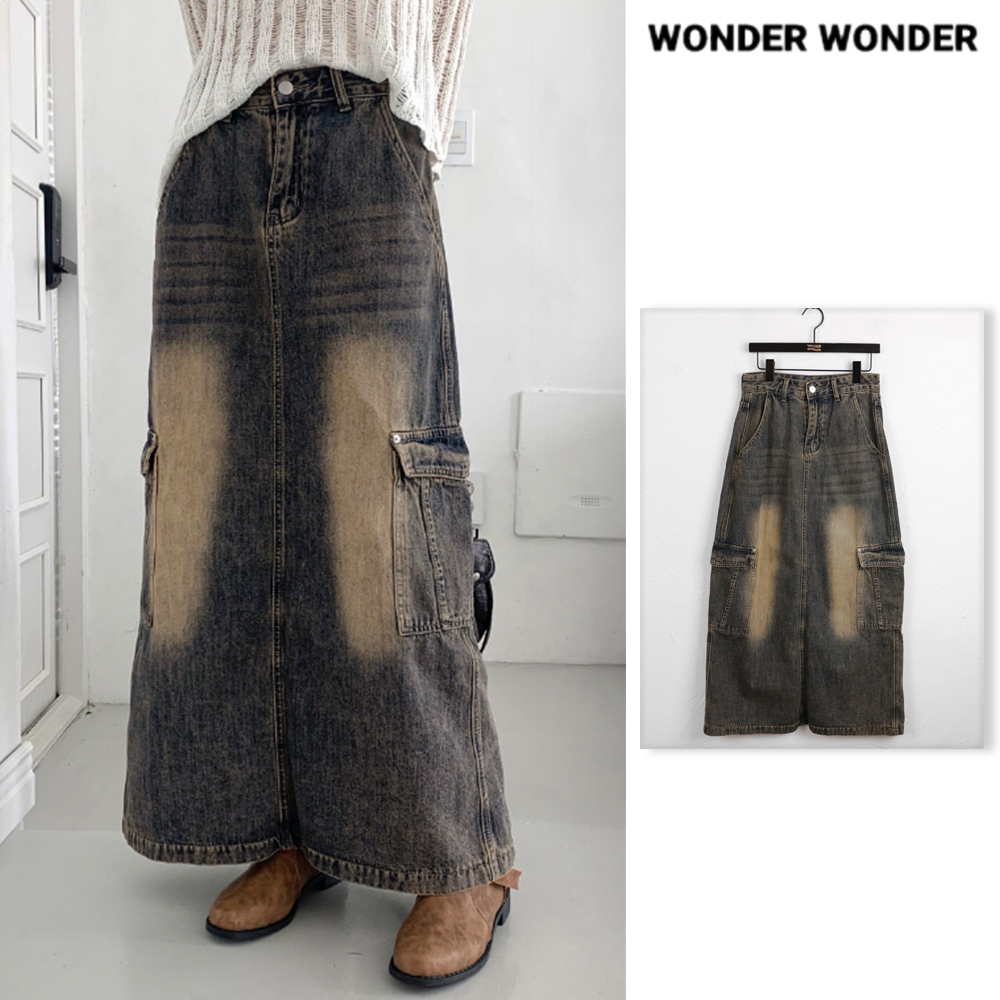 【WONDER WONDER】Parform Vintage Washing Long Denim Skirt