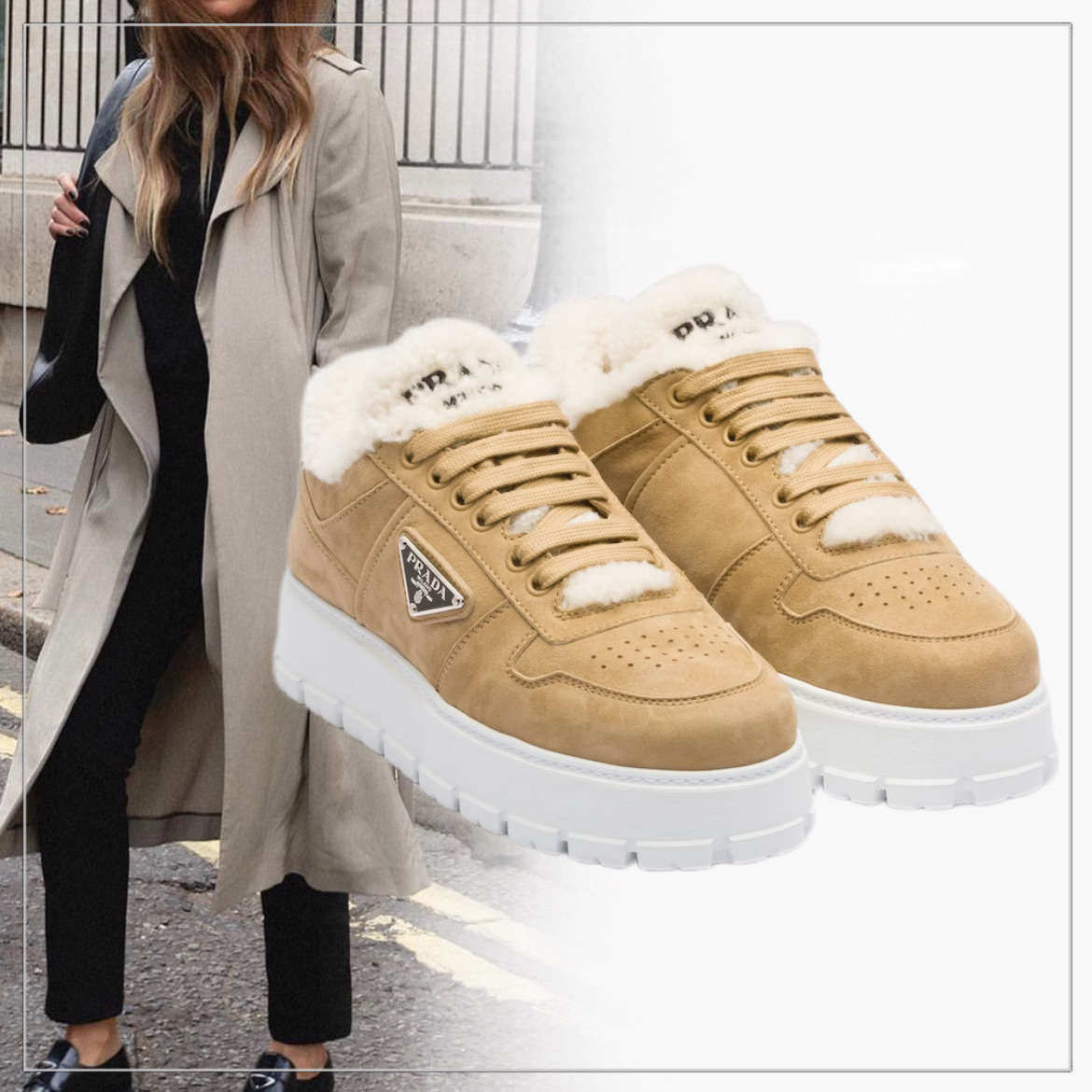 【入手困難】PRADA◆もこもこ レザー スエード スニーカー ロゴ