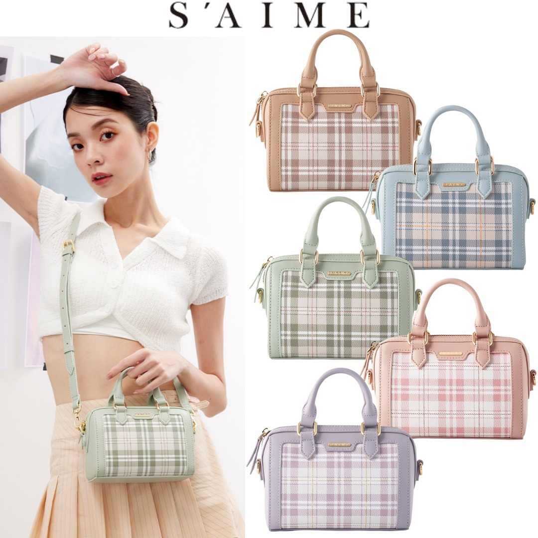 台湾 S'AIME セメ チェック柄 ステッチ 2way ボストンバッグ