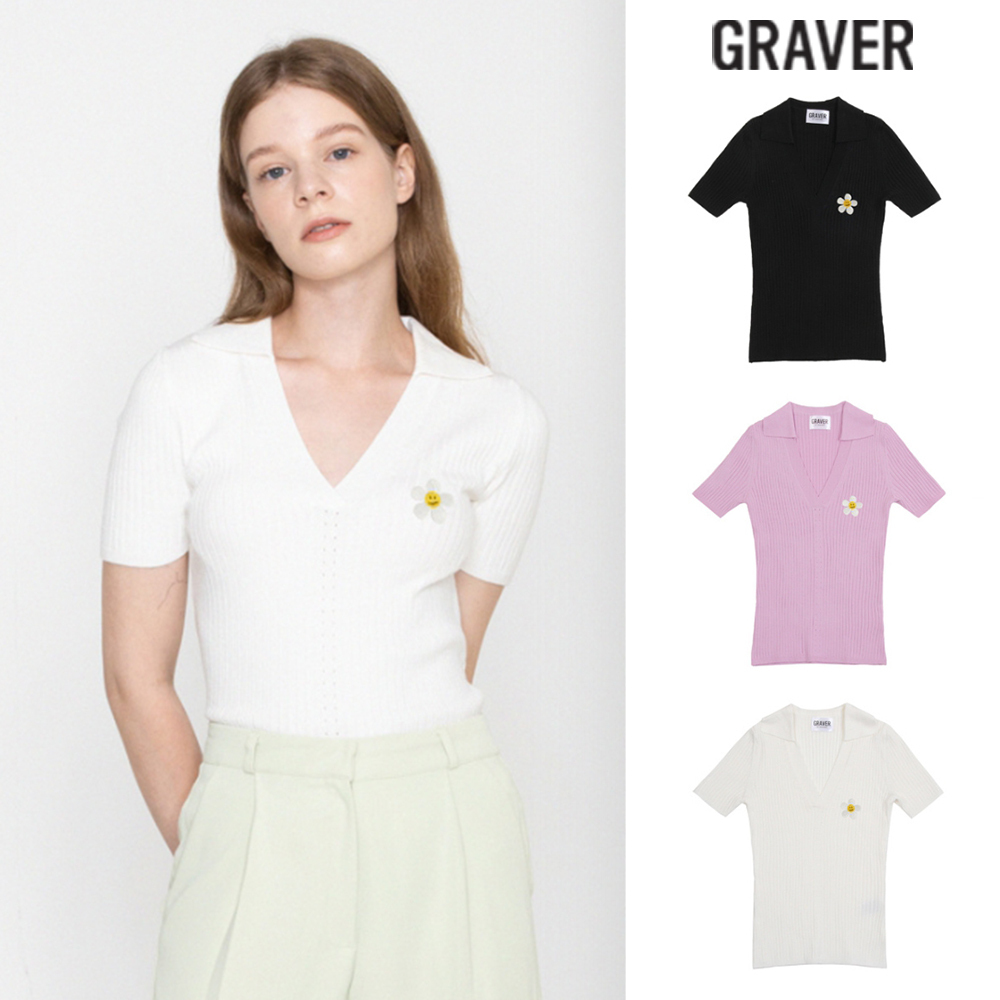 【GRAVER】23FW★ Flower Dot Embroidery S/S Knit Collar T