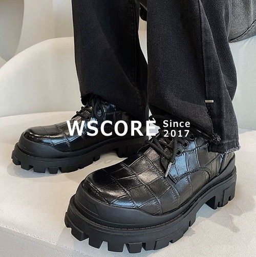 シューズ メンズ レザー 厚底 ワニ革調 レースアップ