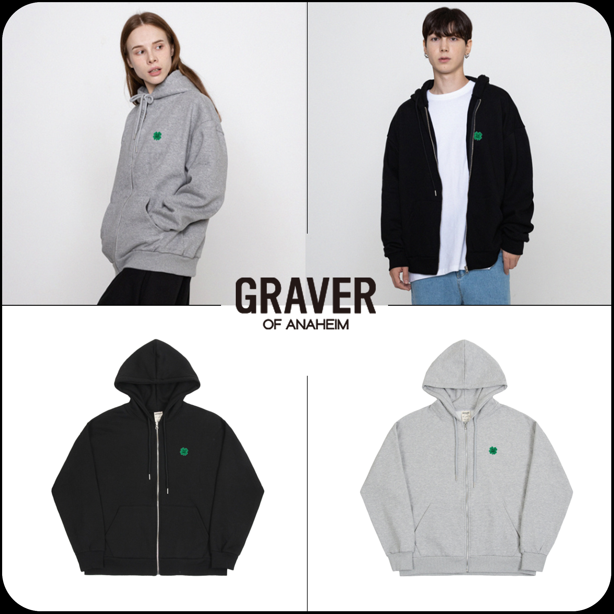 [GRAVER]★CLOVER SMILE EMBROIDERY HOODED ZIP UP