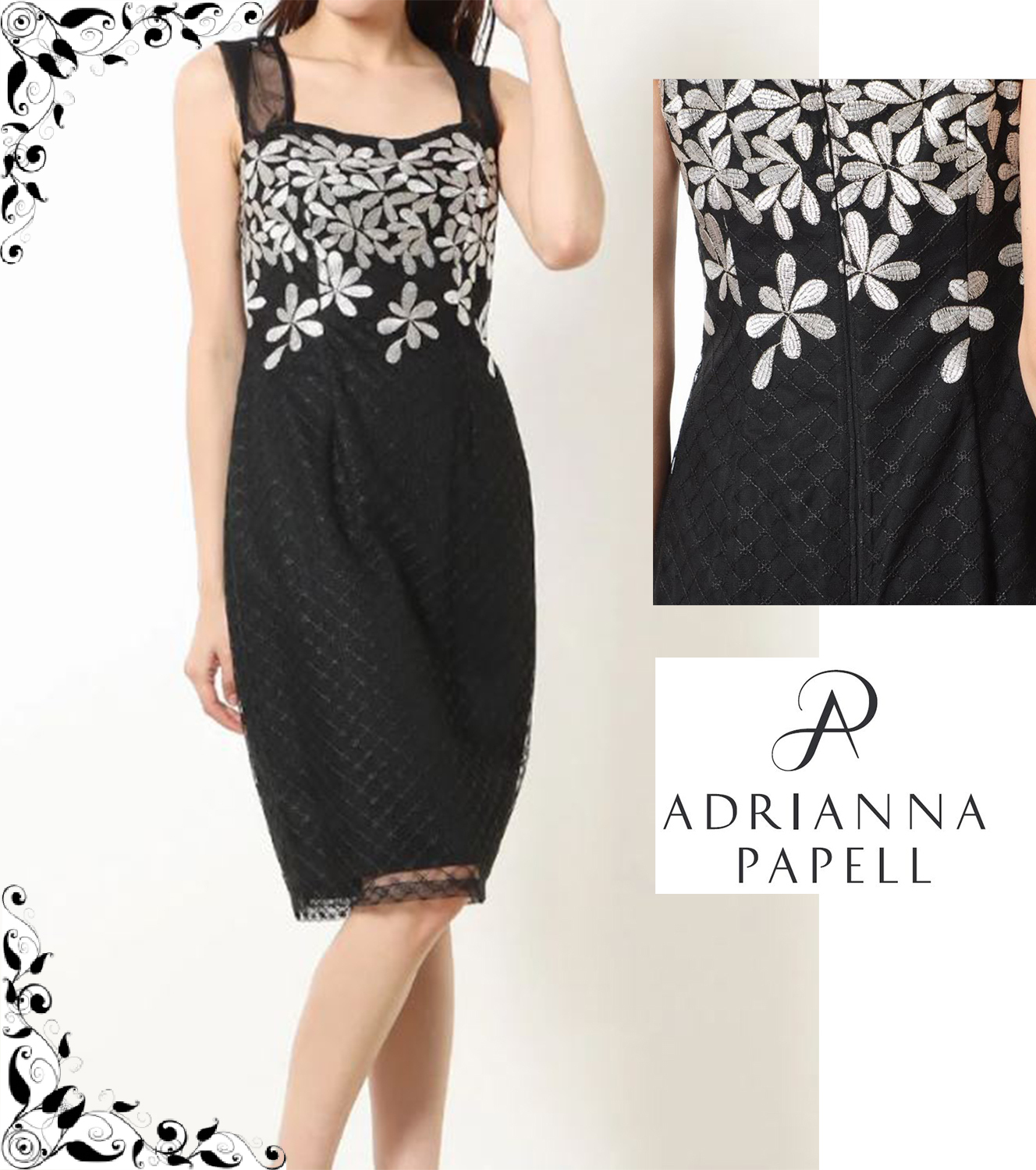 Adrianna Papell☆国内配送☆フラワー刺しゅうメッシュドレス