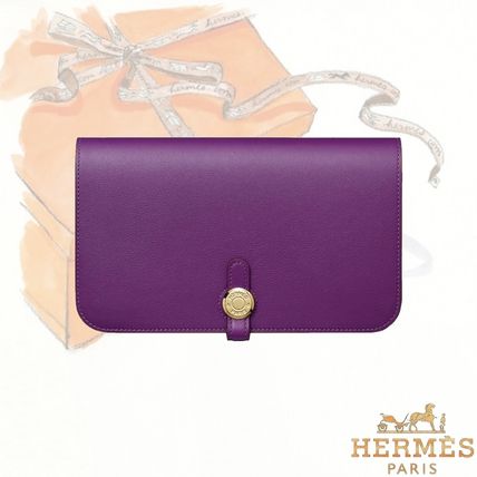 HERMES Long Wallets Unisex Plain Leather Long Wallets