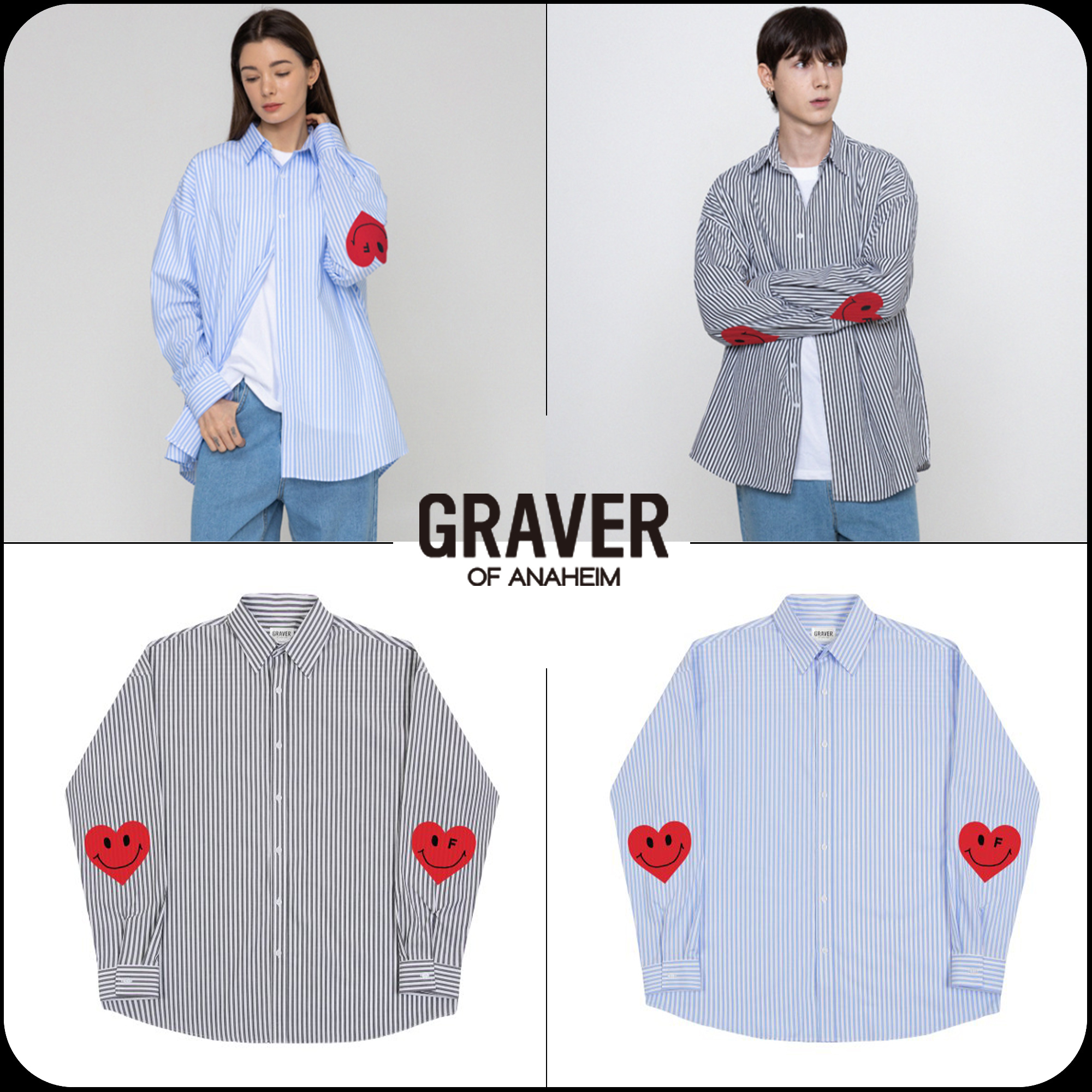 [GRAVER]★ELBOW HEART SMILE OVERFIT STRIPED SHIRT