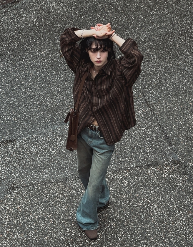 【2plan】Flatter loose fit striped shirt 2plan】Flatter loose fit striped shirt