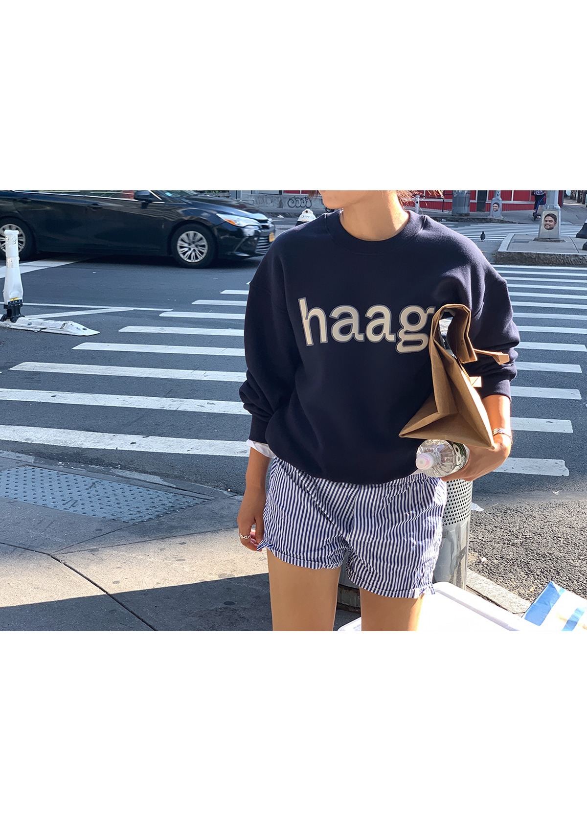 激安店舗 birthday haag》a 韓国 sweatshirt(navy) スウェット ヘイグ トップス