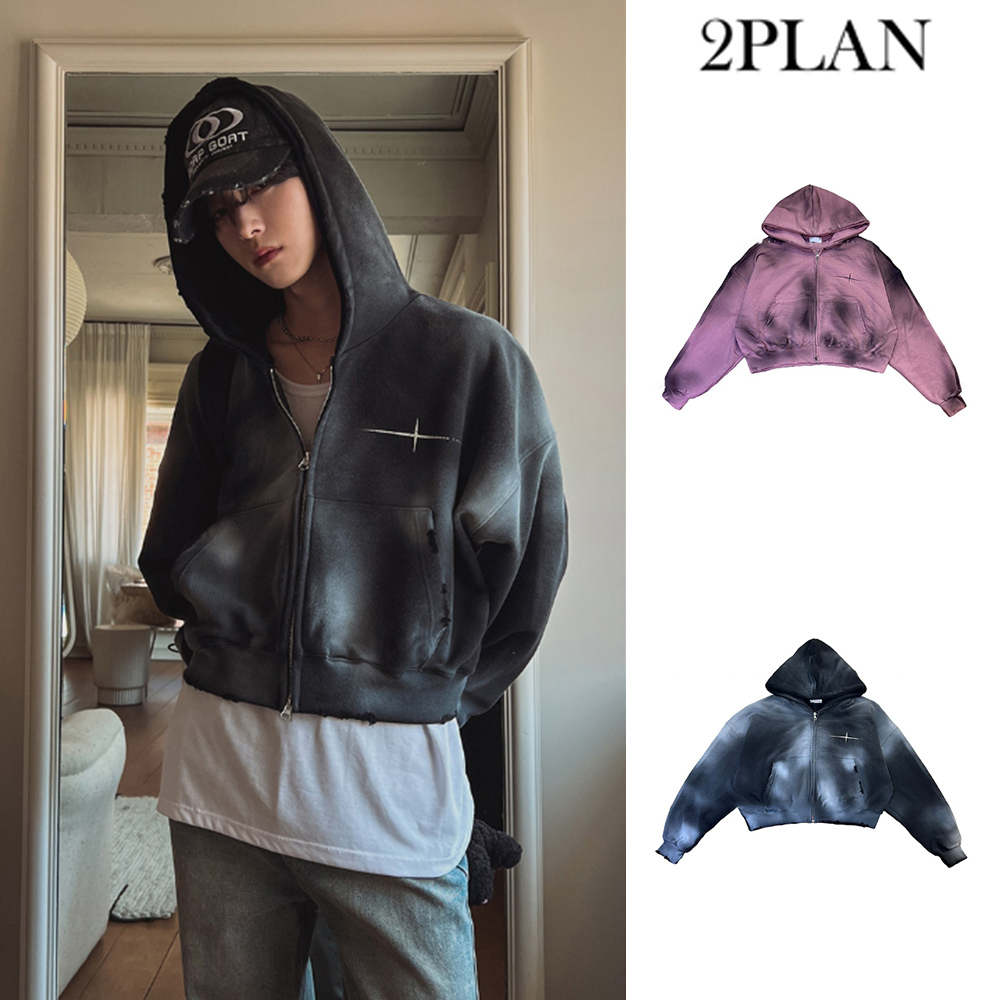 【2plan】Overspray cropped hooded zip-up