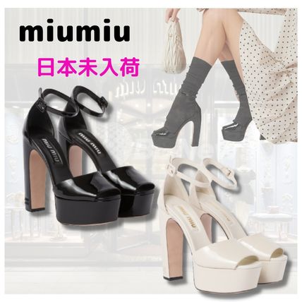 MiuMiu Platform & Wedge Open Toe Rubber Sole Casual Style Street Style Plain Leather