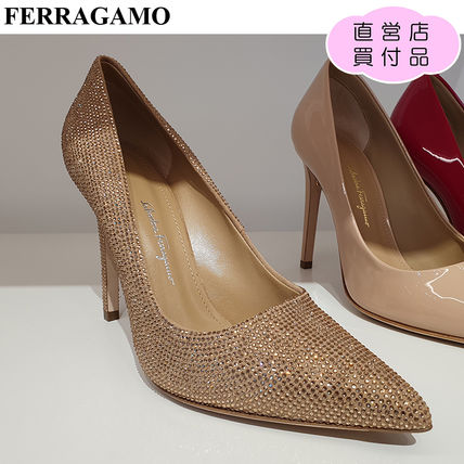 Salvatore Ferragamo Pointed Toe Suede Plain Pin Heels Party Style With Jewels Elegant Style