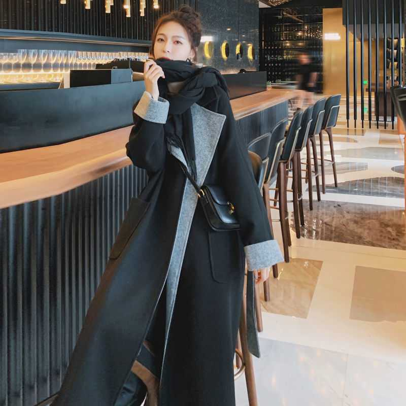 バイカラー ラップコート ロング丈 ウールコート 無地 韓国系