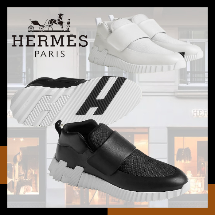 HERMES 最新作 軽量スニーカー 本革レザー キャンバス 黒 白 H