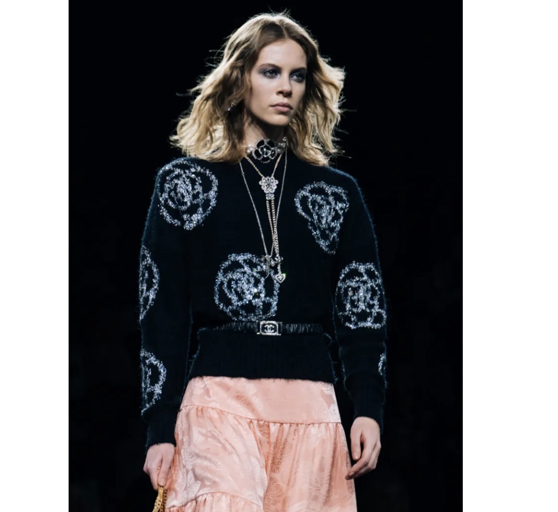 CHANEL FW2023/24 花柄 スカート ピンク Aライン シルク 直営店