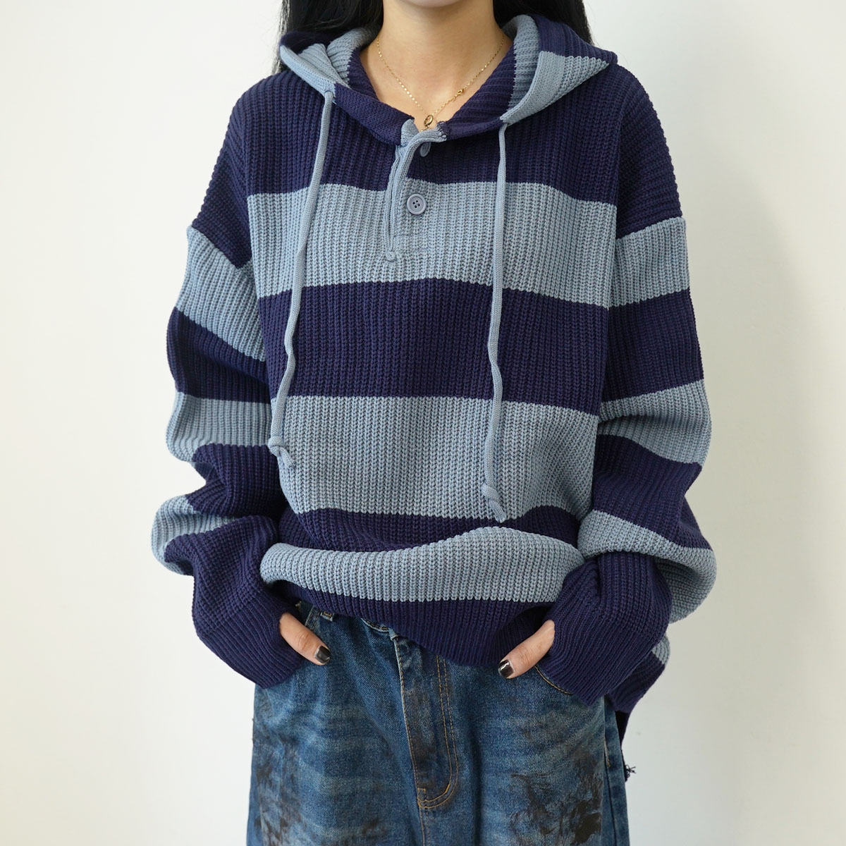 ニット・セーター IONSEOUL Striped Warmer Hooded Knit (3colors) BBJ436