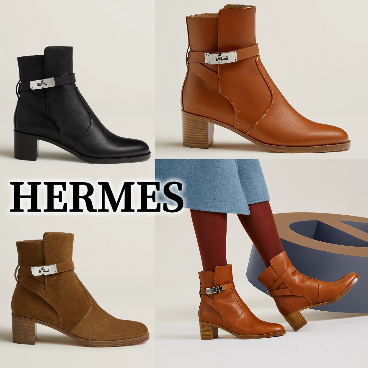 HERMES*フレンチ 50 アンクル レザーブーツ ケリーバックル付