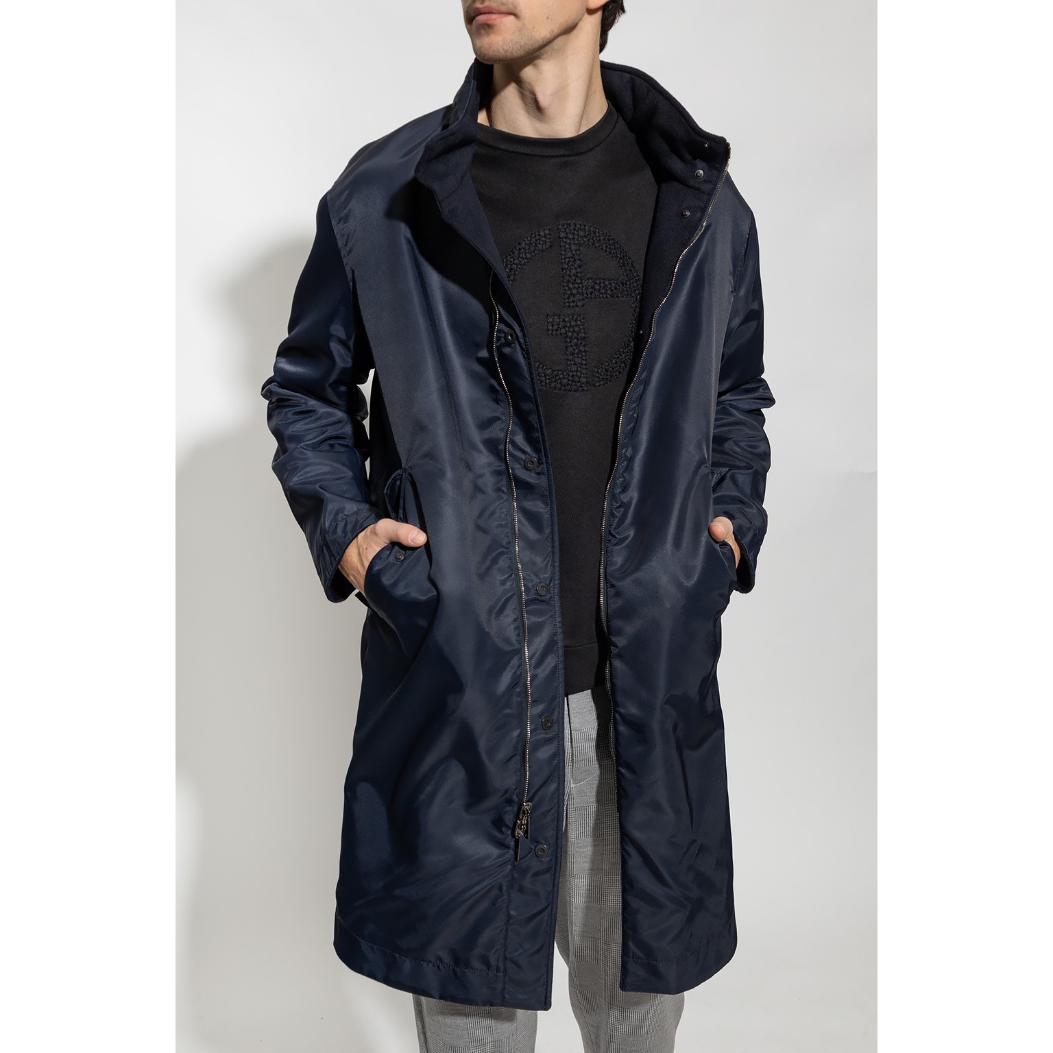【海外限定】 Emporio Armani リバーシブル ウール ロングコート ネイビー ジャケット・アウター