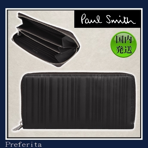 【Paul Smith】シャドーストライプ レザー ラウンドジップ長財布